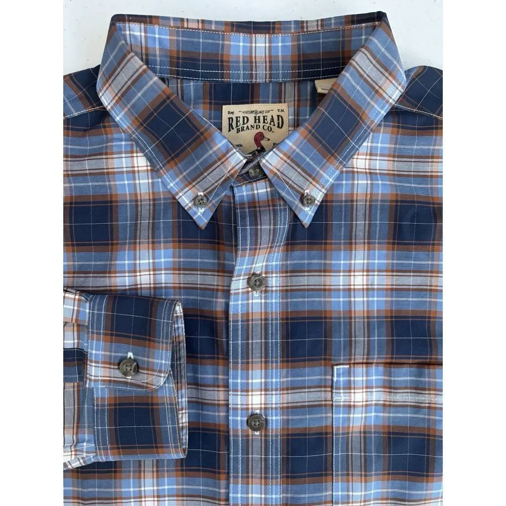 Red Head Brand Co. Men's Large Orange‎ Blue White Plaid Long Sleeve Button Down